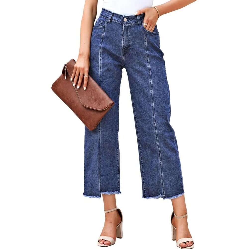 Women's Cropped Wide Leg Jeans Cotton Blends High Waisted Trendy
